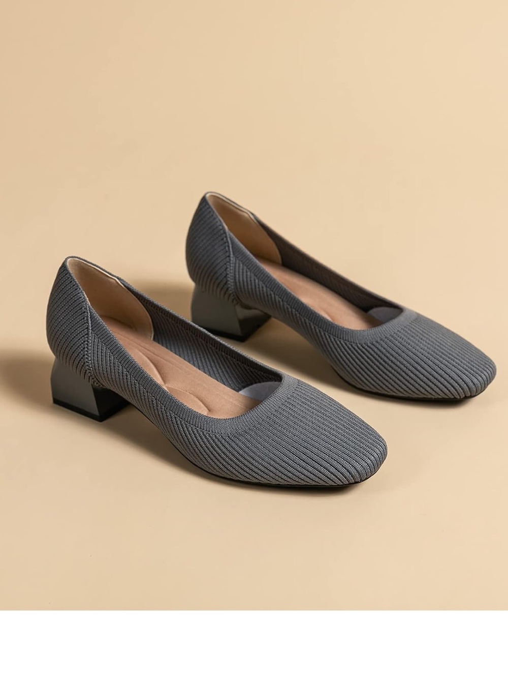 Gray Fabric Low Block Heel Pumps